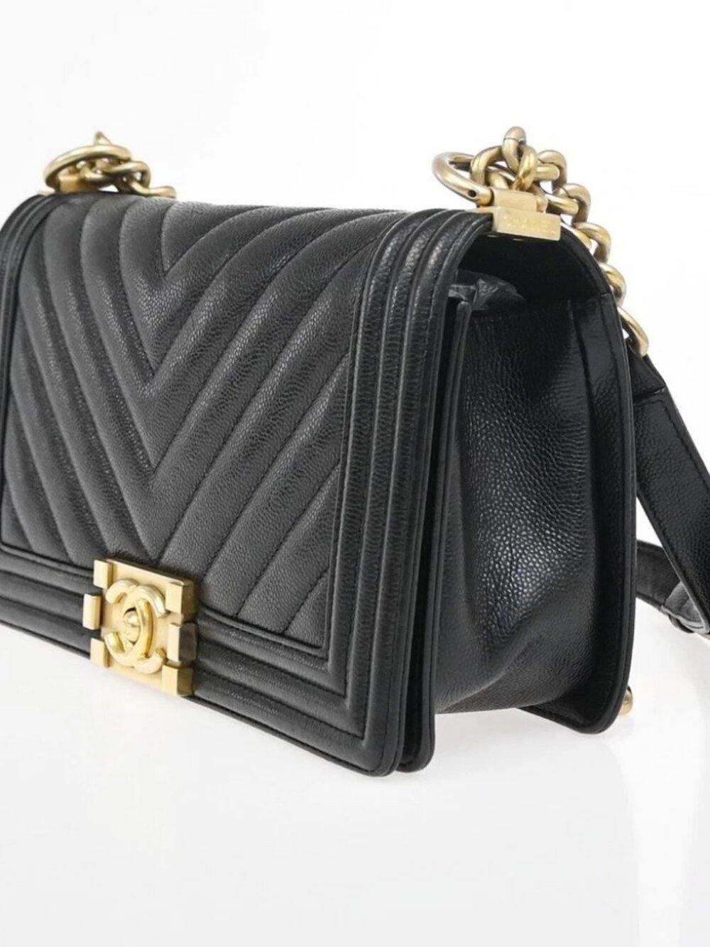 CHANEL CC Logo Boy Chain Shoulder Bag Grained Calfskin Leather Black - Picture 2 of 16